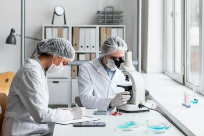 Investigadores en un laboratorio analizando datos o usando microscopios.