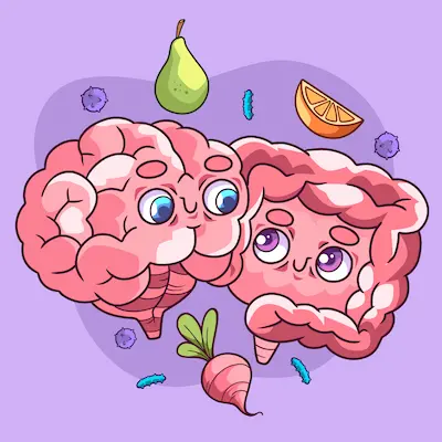 Cerebro y estómago con flechas de señales hormonales.