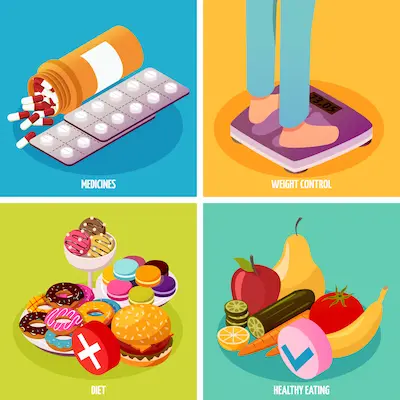Báscula rodeada de alimentos sanos vs. pastillas 'quemagrasas'.