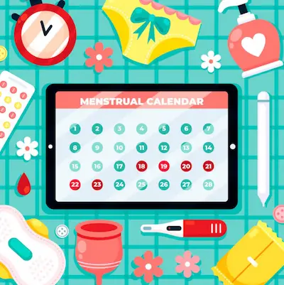 Mujer revisando calendario menstrual con iconos hormonales