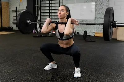 Mujer haciendo sentadillas con pesas junto a alimentos ricos en calcio