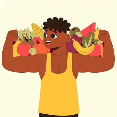 Hombre haciendo entrenamiento de fuerza con iconos de alimentos beneficiosos