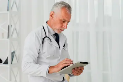 Médico revisando análisis médicos